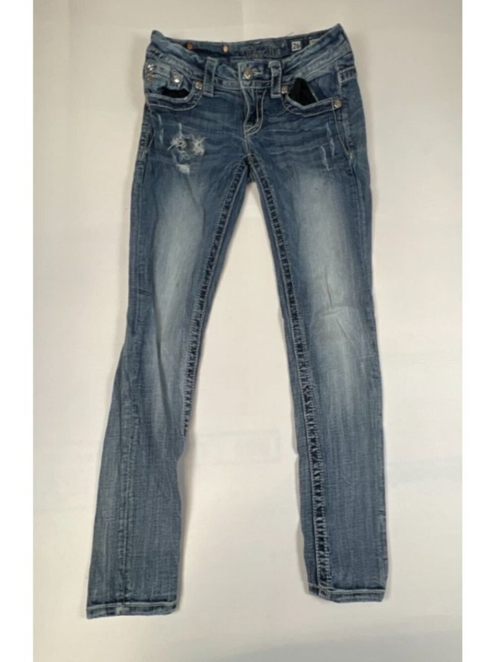 Miss Me Women 26 29 Inseam Ankle Skinny Blue Denim Distressed Embellished Pocket